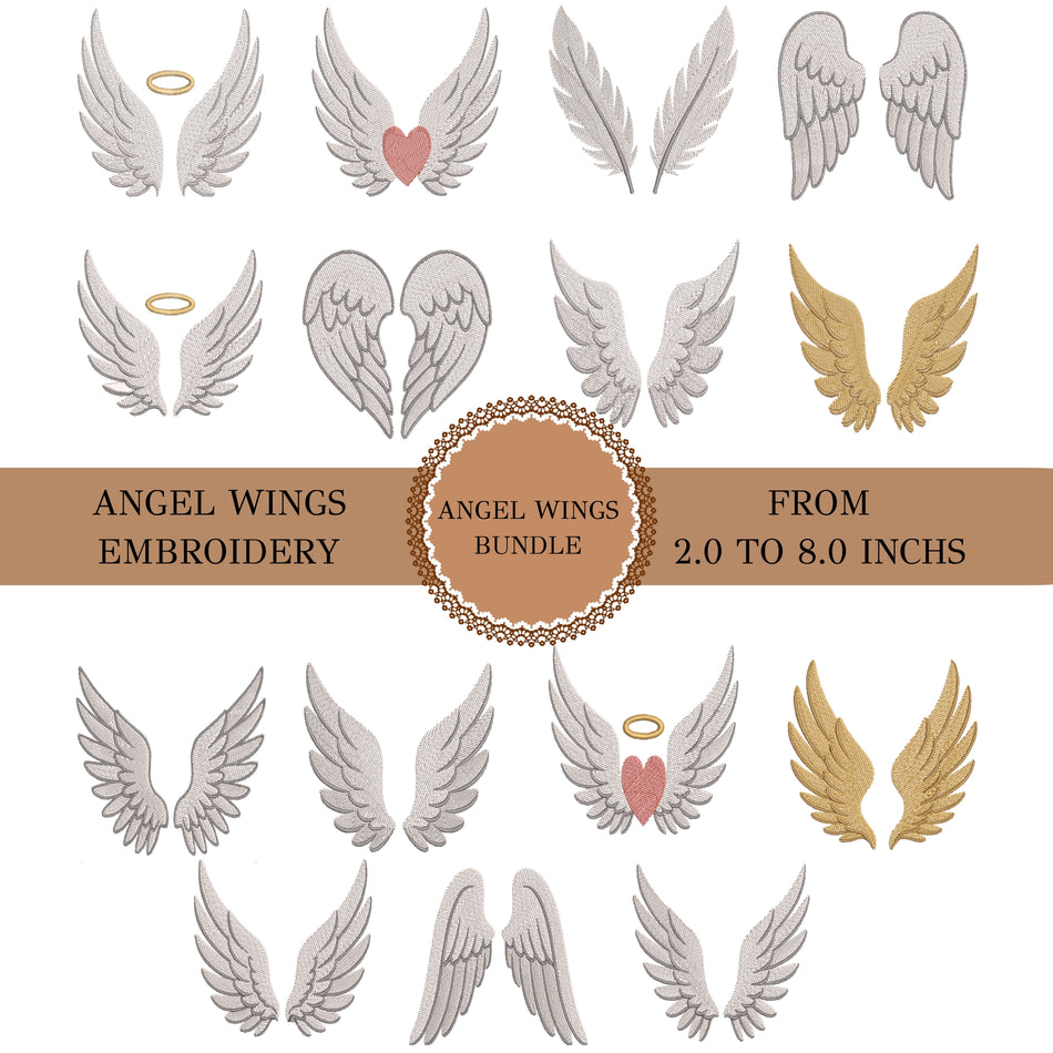 A digital preview sheet showing multiple embroidered angel wing designs in white and gold, with one pair featuring a small pink heart. Text across the center reads 'ANGEL WINGS EMBROIDERY' and 'FROM 2.