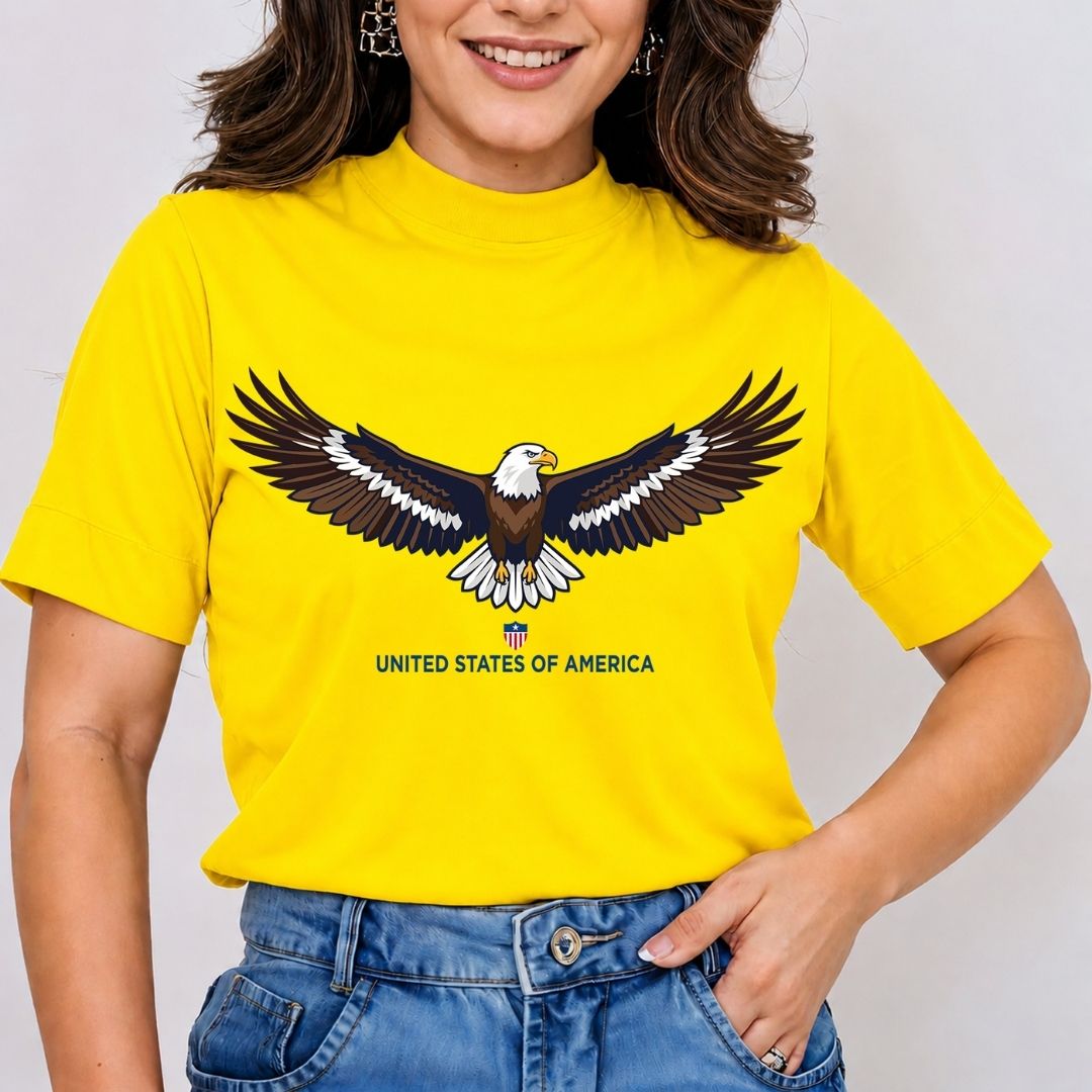 Person wearing a yellow t-shirt with an eagle graphic and 'United States of America' text.