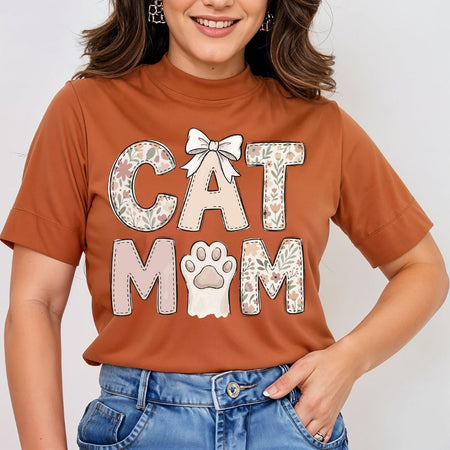 Floral Cat Mom Shirt, Terracotta Mockup T-Shirt, Coquette Bow Cat Lover Tee, Gift for Cat Mom, Mother's Day Aesthetic Apparel