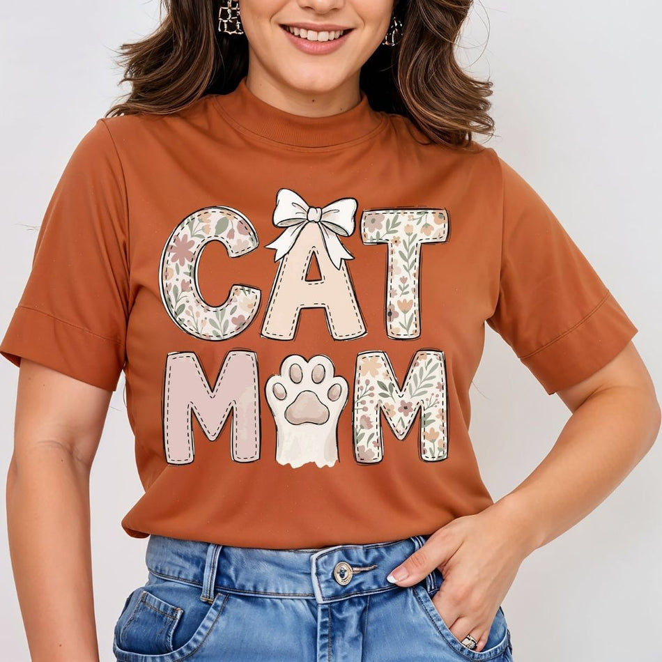 Floral Cat Mom Shirt, Terracotta Mockup T-Shirt, Coquette Bow Cat Lover Tee, Gift for Cat Mom, Mother's Day Aesthetic Apparel