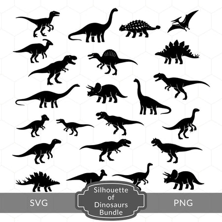 Dinosaur silhouette bundle digital download featuring various species like T-Rex, Triceratops, Stegosaurus, and Pterodactyl in SVG and PNG formats.