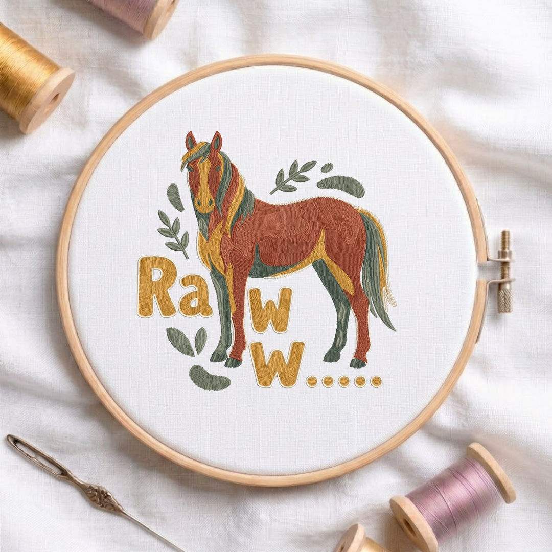 A white t-shirt featuring a colorful embroidered horse design with floral accents and the text "Ra W W".