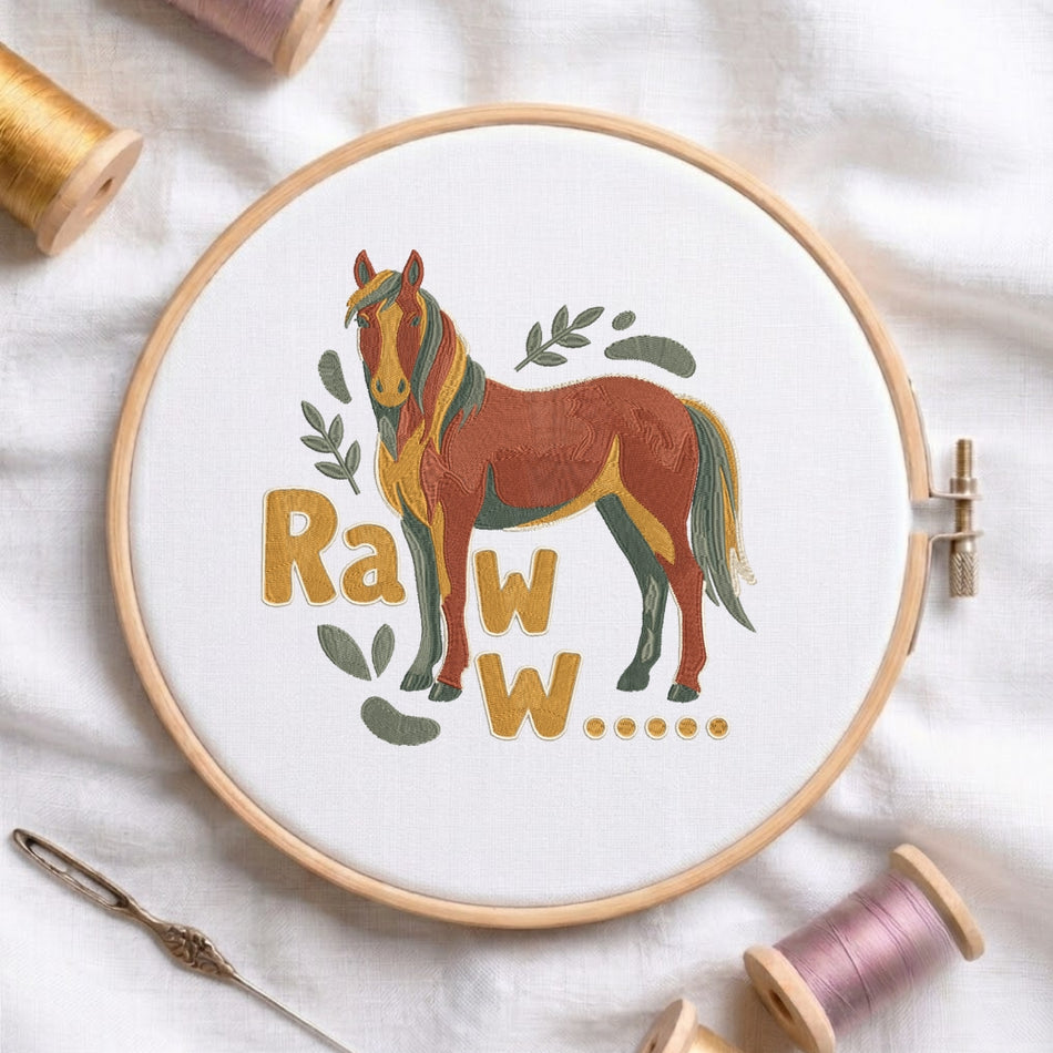 A white t-shirt featuring a colorful embroidered horse design with floral accents and the text "Ra W W".