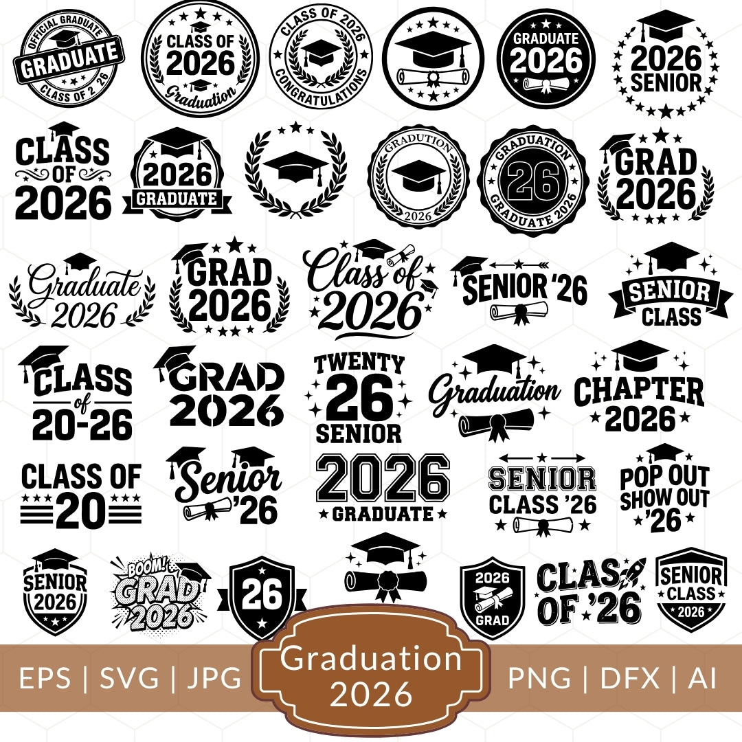 Collection of graduation-themed design elements and text for Class of 2026.