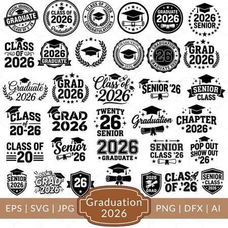 Collection of graduation-themed design elements and text for Class of 2026.