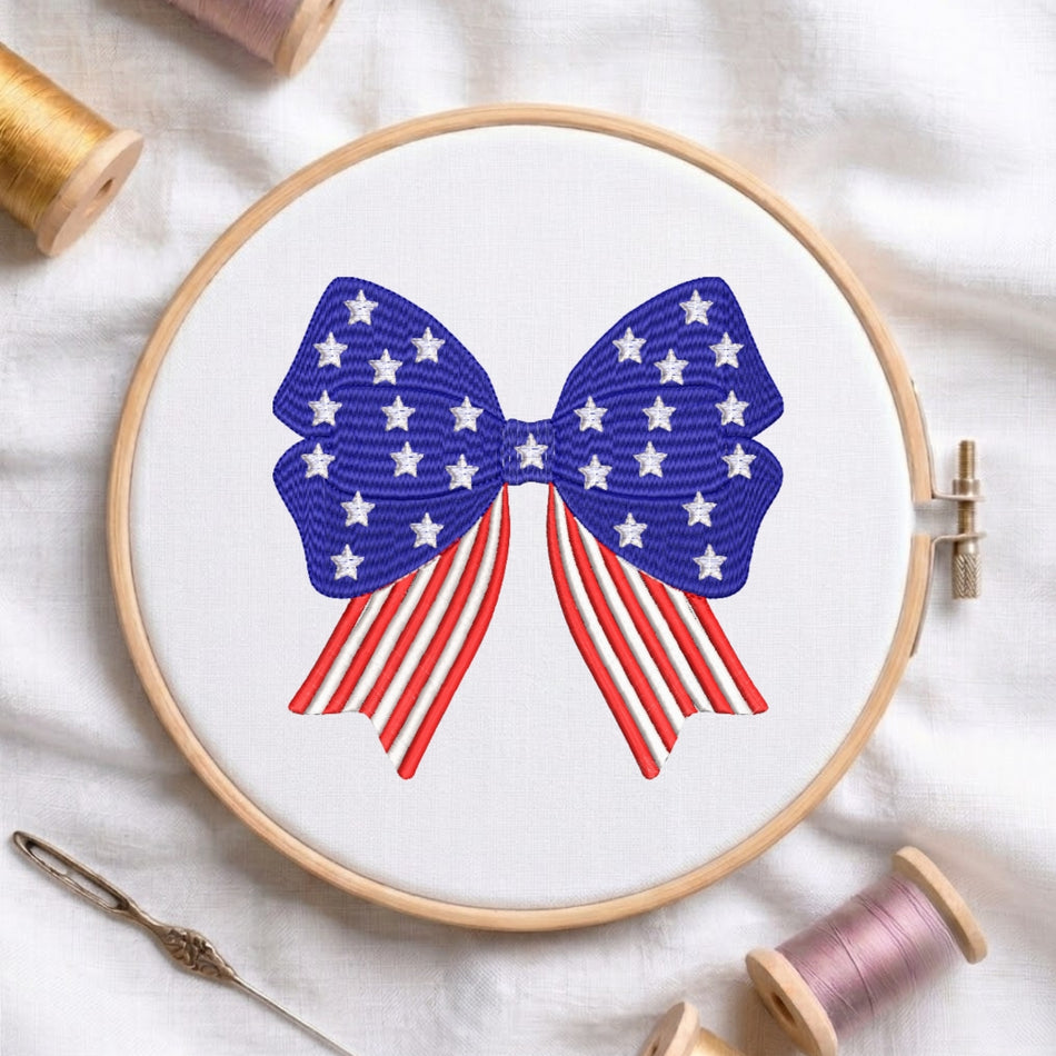 Patriotic Stars and Stripes Decorative Bow Machine Embroidery Design ED 218