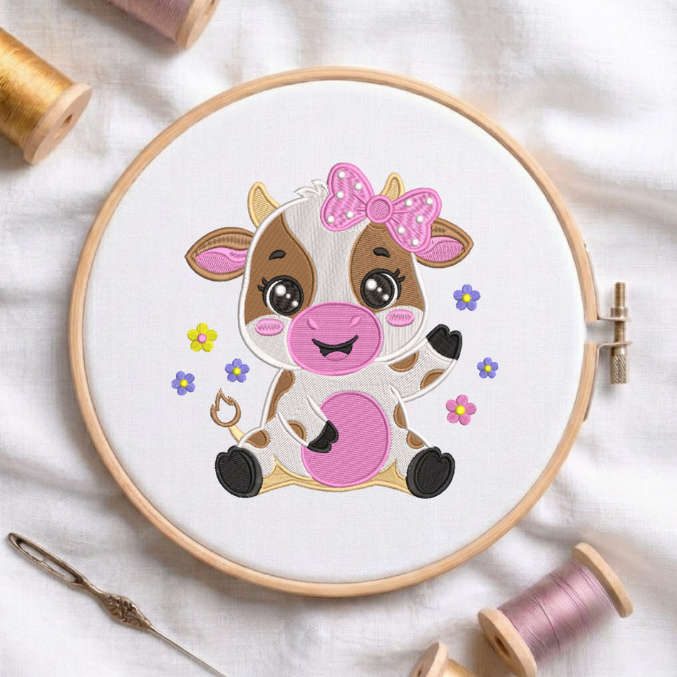 Cow with Pink Bow Machine Embroidery Design ED 509