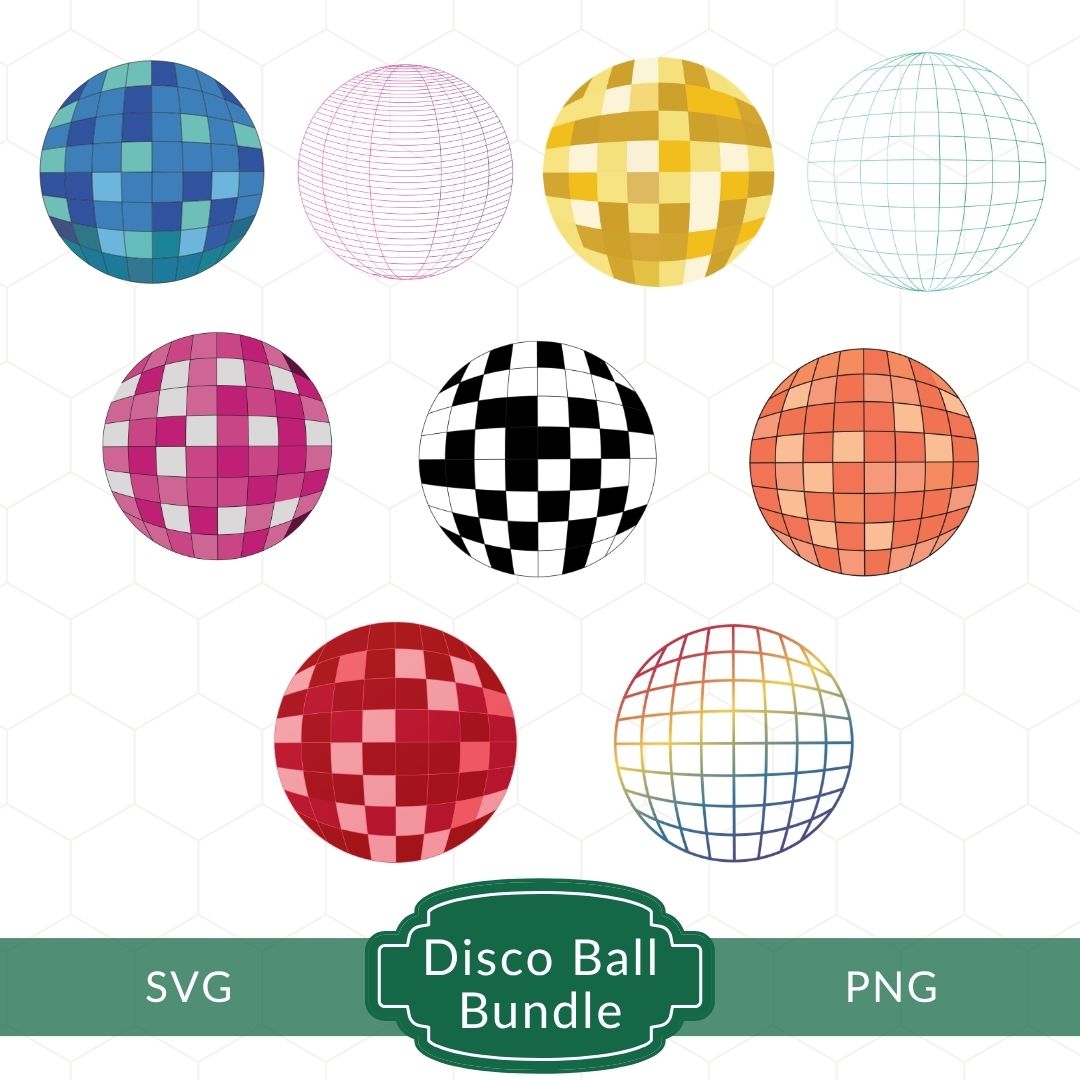 A digital graphic bundle showing nine disco ball designs in different colors and patterns, including pixelated, wireframe, checkerboard, and striped styles. The image includes a green banner at the bottom that reads 'SVG Disco Ball Bundle PNG'.