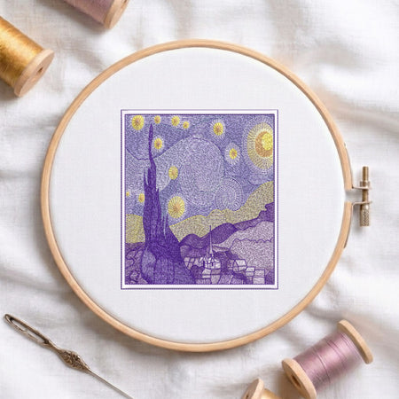 A circular embroidery hoop holding white fabric with a purple and yellow Van Gogh-inspired artwork stitched inside. The hoop is photographed on a white fabric surface with spools of thread and a needle around it.