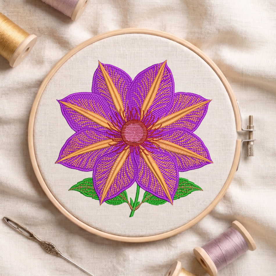 Elegant Purple Clematis Flower Machine Embroidery Design ED 84