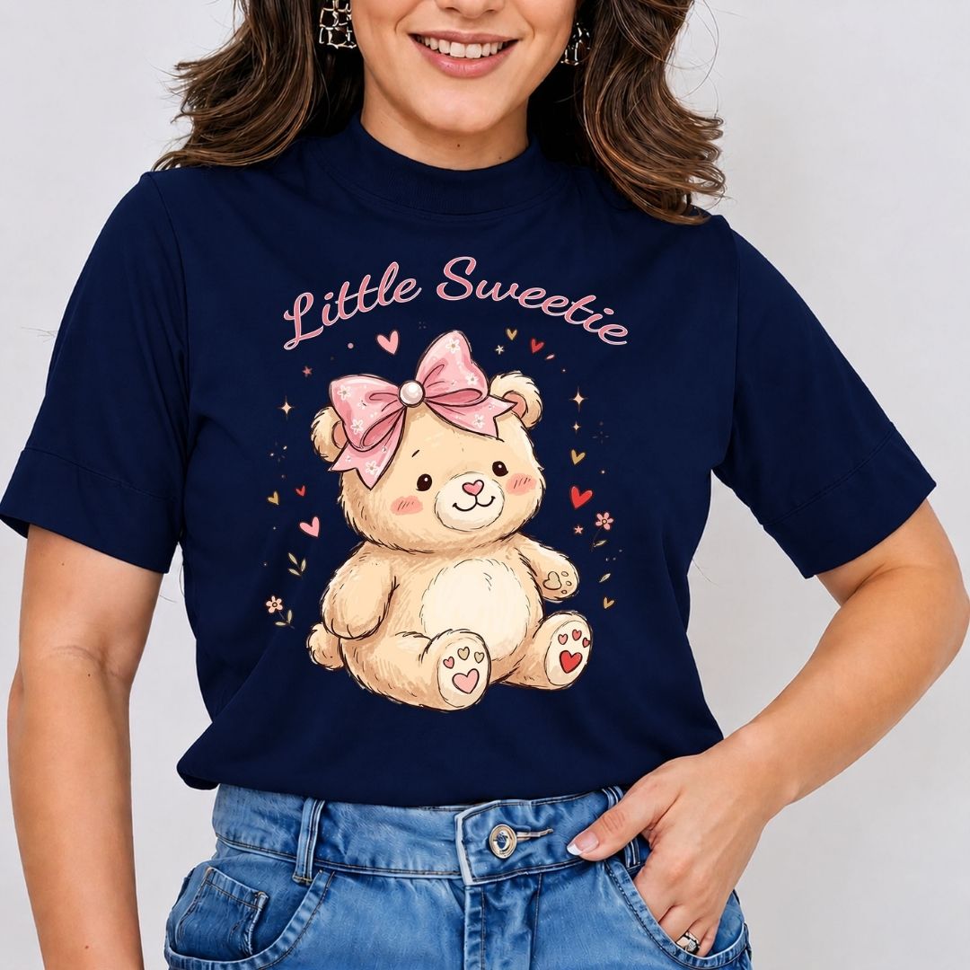 Women's Navy Blue T-Shirt with Little Sweetie Teddy Bear Graphic