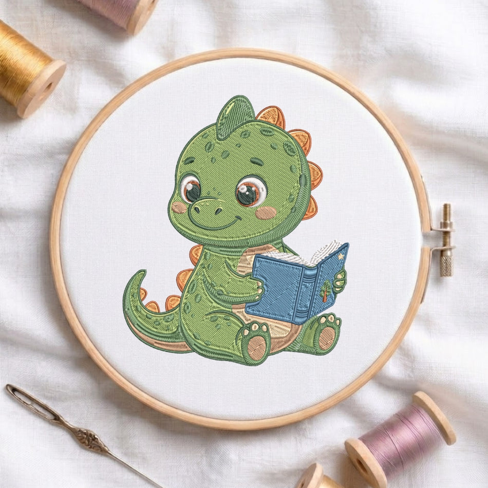 Cute Reading Baby Dinosaur Machine Embroidery Design ED-348