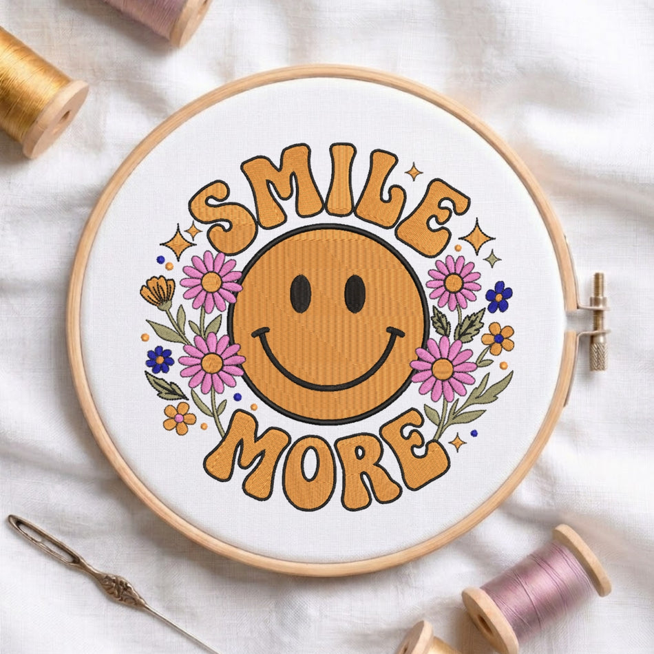 Smile More Smiley Face Embroidery Design, Retro Floral Wreath Machine Embroidery File, Groovy Happy Face Hoop Pattern, Instant Download PES DST