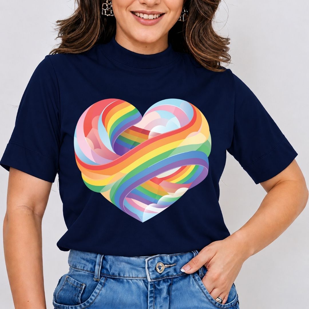 Person wearing a navy blue t-shirt with a colorful heart design on a plain background