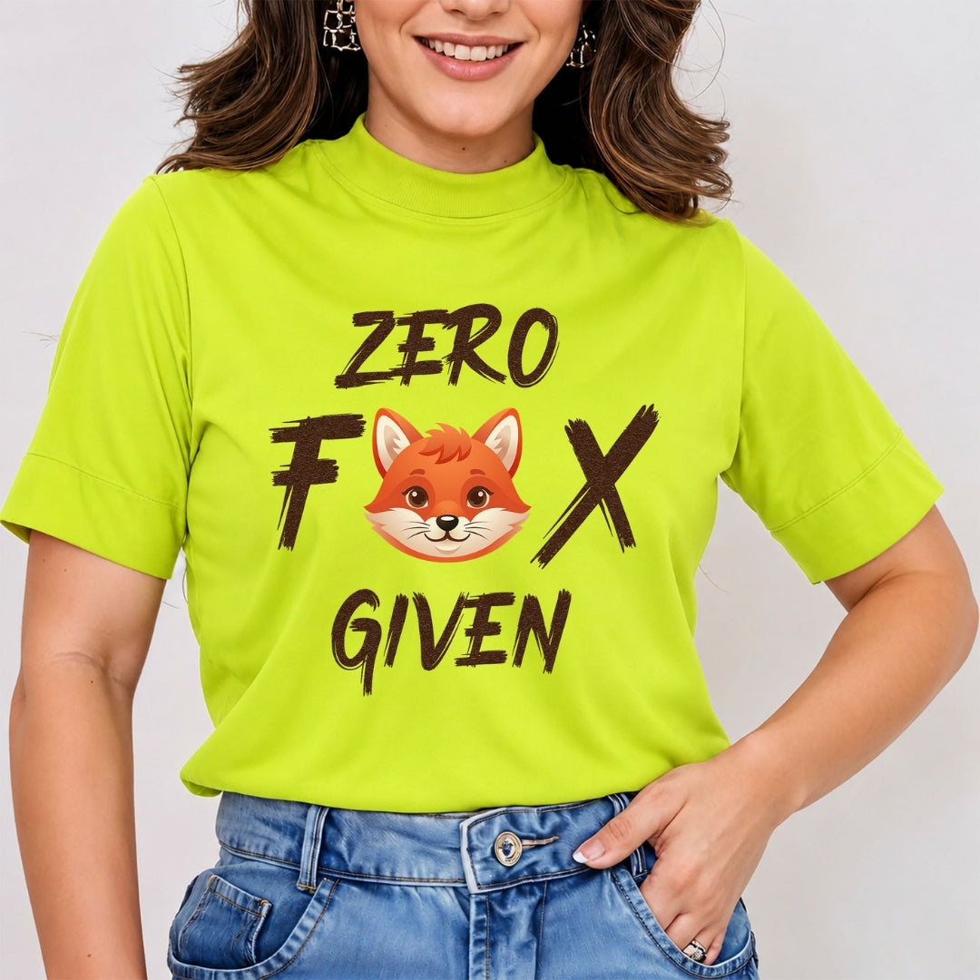 Woman wearing a lime green mock neck t-shirt featuring a funny cartoon fox graphic with text reading Zero Fox Given.