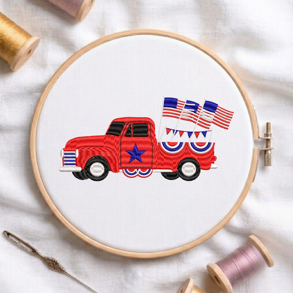 Vintage Patriotic Red Truck Machine Embroidery Design ED 288