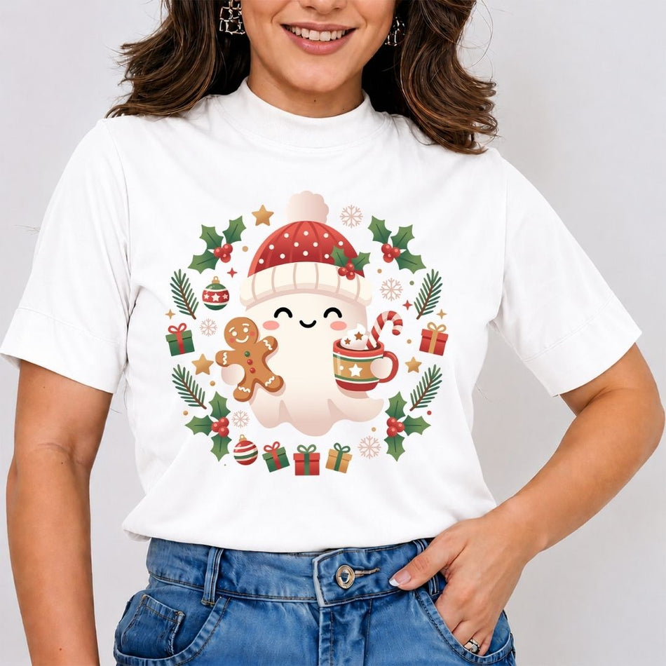 A woman wearing a white short-sleeve t-shirt with a colorful Christmas-themed graphic print featuring a cute snowman, gingerbread man, mug of hot cocoa, and holiday wreath, paired with blue jeans.