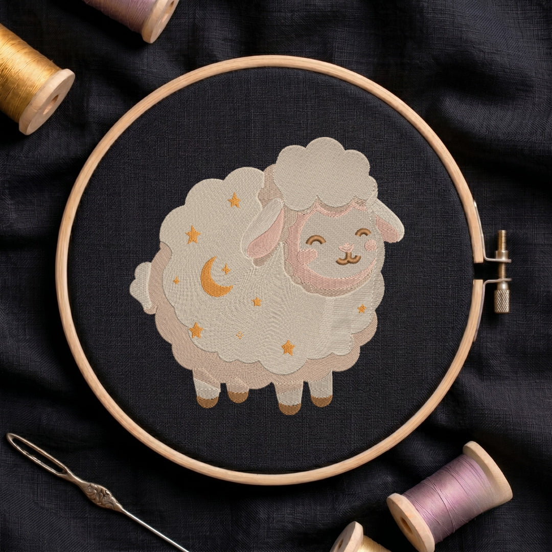A circular embroidery hoop holding dark fabric with a stitched cartoon sheep design in cream, pink, and gold thread. A needle and spools of thread are arranged around it on a dark fabric background.