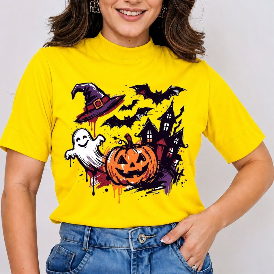 A woman wearing a bright yellow short-sleeve t-shirt with a colorful Halloween graphic print featuring a jack-o'-lantern, ghost, witch hat, haunted house, and bats, paired with blue jeans.