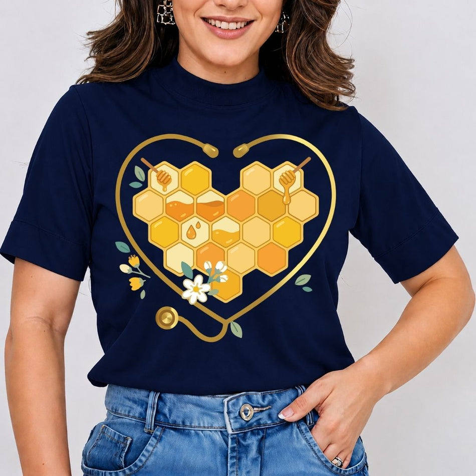 Person wearing a navy blue t-shirt with a heart-shaped honeycomb design on a plain background