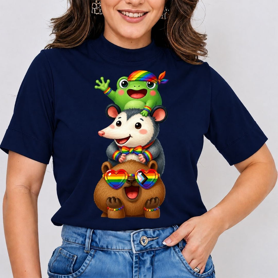 LGBTQ Pride Animals PNG - Cute Stacked Capybara Frog Shirt A 1668