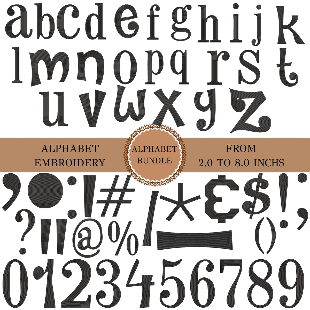 A digital preview sheet showing a set of decorative alphabet embroidery letters and symbols in a distressed black font, with a tan banner across the center reading 'ALPHABET EMBROIDERY', 'ALPHABET BUNDLE', and 'FROM 2.0 TO 8.