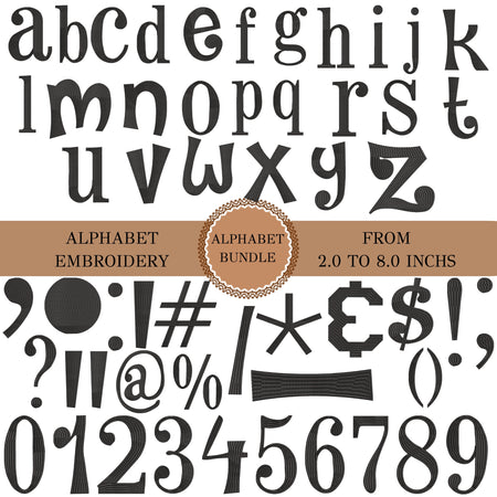 A digital preview sheet showing a set of decorative alphabet embroidery letters and symbols in a distressed black font, with a tan banner across the center reading 'ALPHABET EMBROIDERY', 'ALPHABET BUNDLE', and 'FROM 2.0 TO 8.