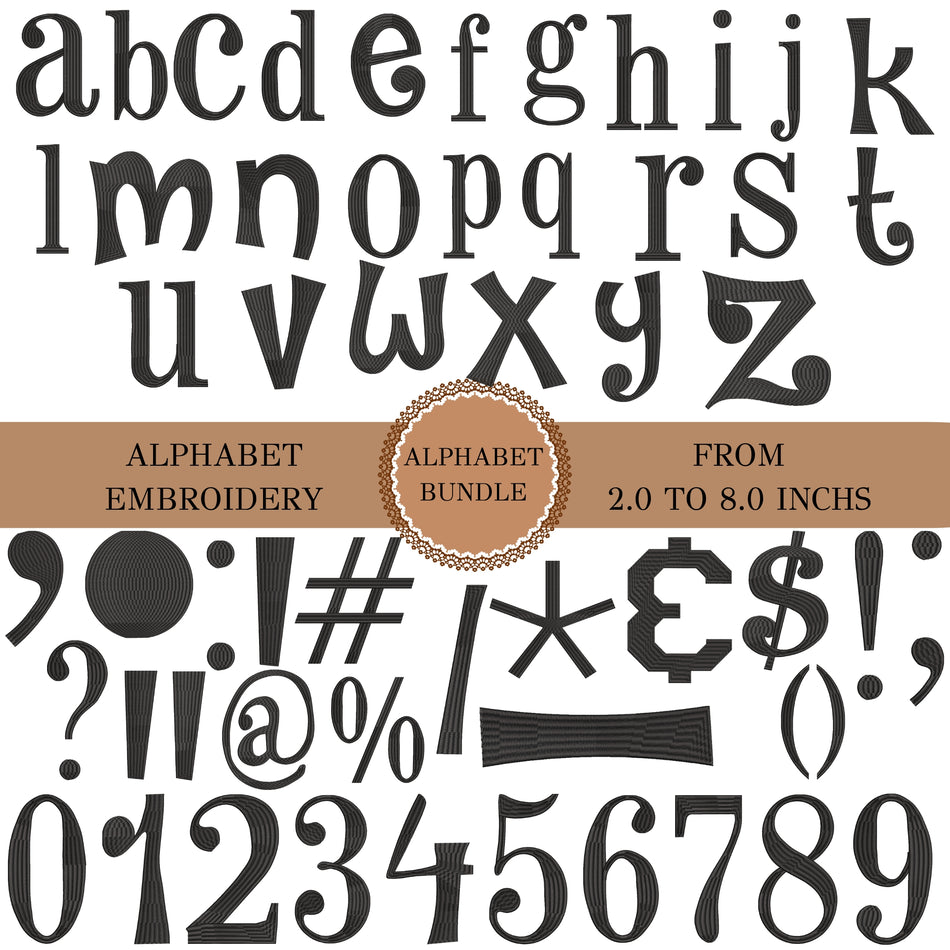 A digital preview sheet showing a set of decorative alphabet embroidery letters and symbols in a distressed black font, with a tan banner across the center reading 'ALPHABET EMBROIDERY', 'ALPHABET BUNDLE', and 'FROM 2.0 TO 8.