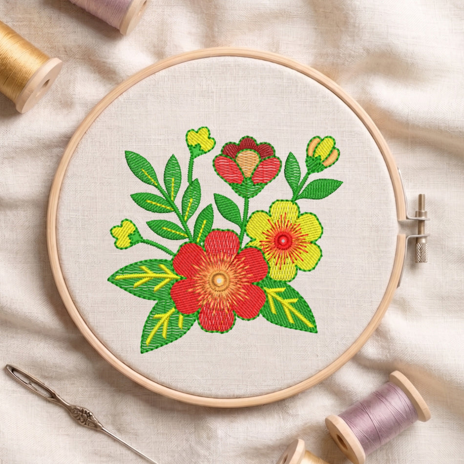 Vibrant Folk Art Floral Bouquet Machine Embroidery Design ED 106
