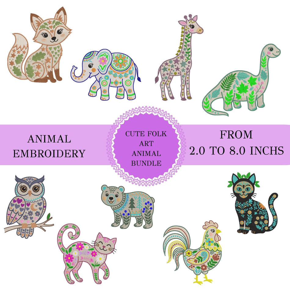 Cute folk art animal embroidery bundle featuring a collection of decorative animal designs including a fox, elephant, giraffe, dinosaur, owl, bear, cats, and a rooster, sized from 2.0 to 8.0 inches.