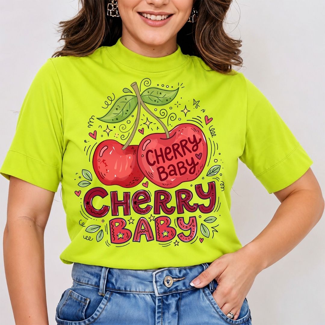 A woman wearing a bright lime green mock-neck t-shirt with a cartoon cherry graphic and the text 'Cherry Baby' in red, paired with blue jeans.