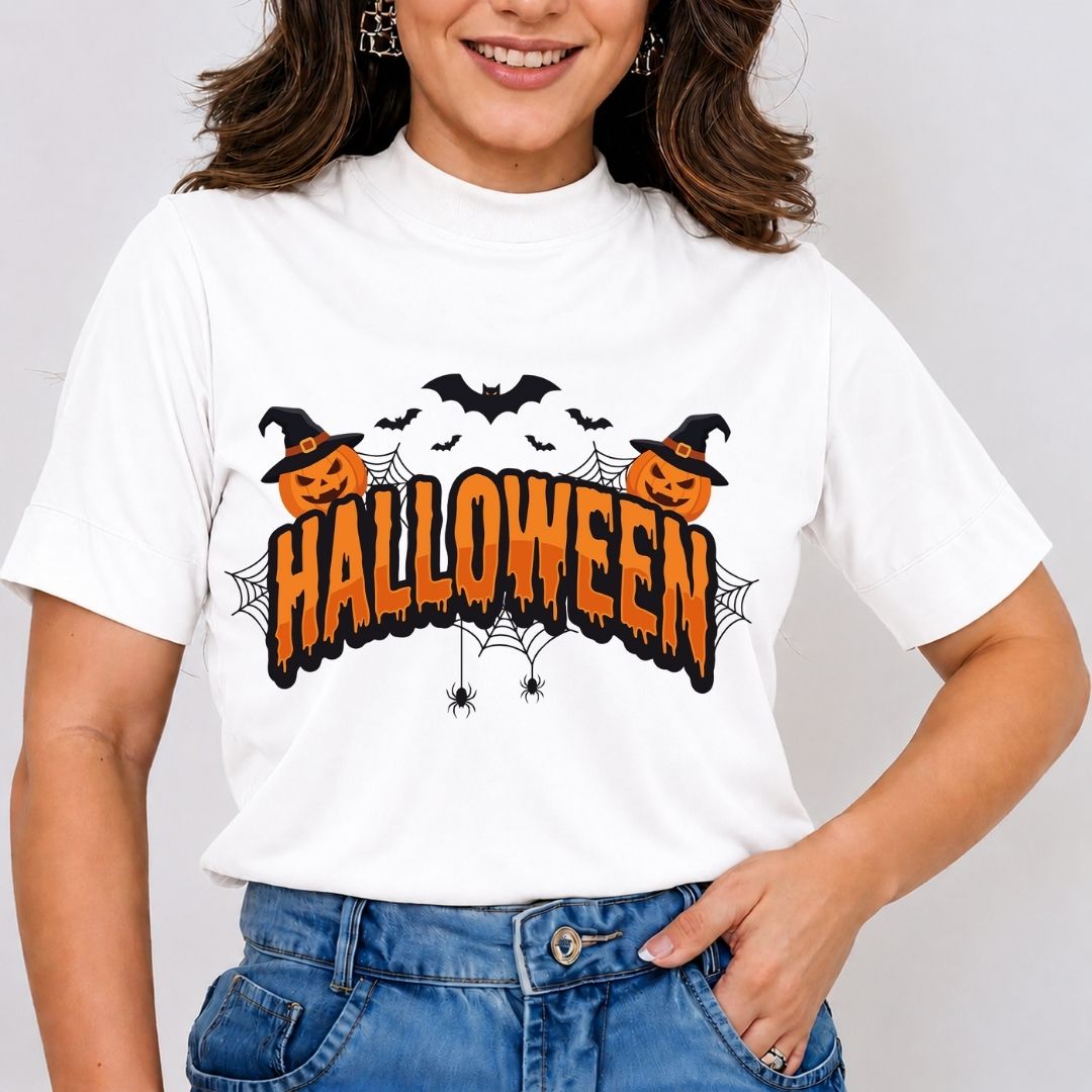 Woman wearing a white t-shirt featuring a festive "Halloween" typography design with witch hats on pumpkins, bats, and spiderwebs.
