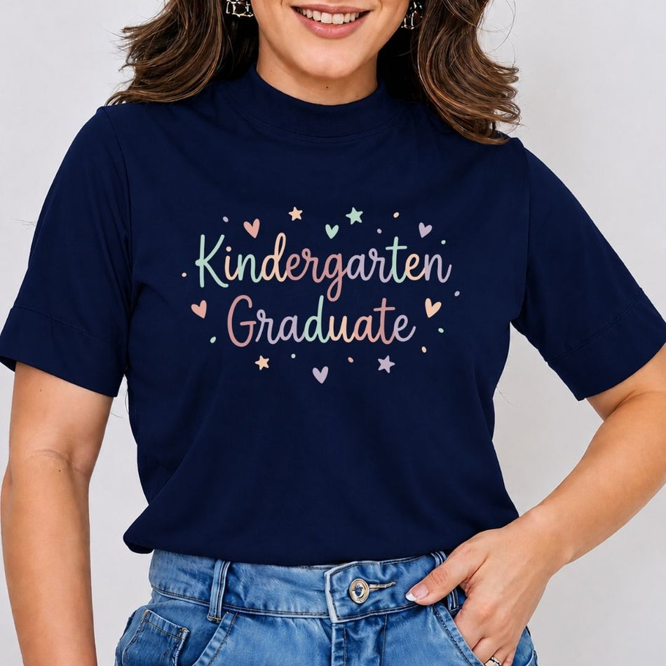 Person wearing a navy blue t-shirt with 'Kindergarten Graduate' text on a plain background