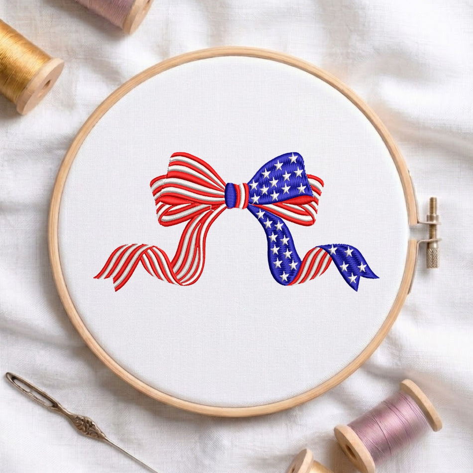 Patriotic Split Ribbon Bow Machine Embroidery Design ED 290