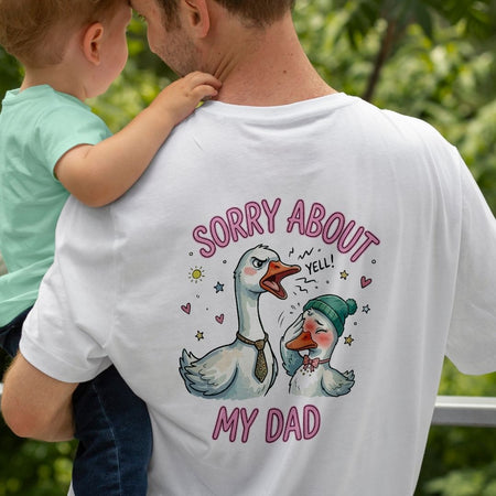 White Graphic T-Shirt Back Print with Sorry About My Dad Illustration