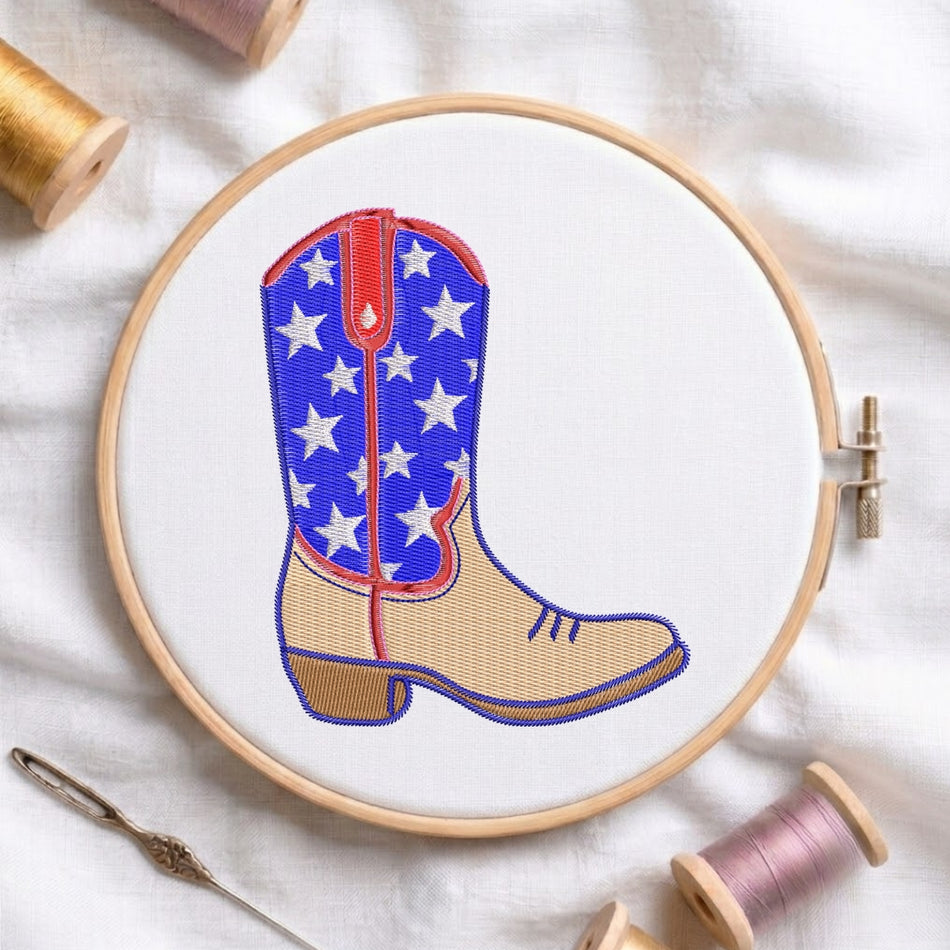 Patriotic American Western Cowboy Boot Machine Embroidery Design - ED 307