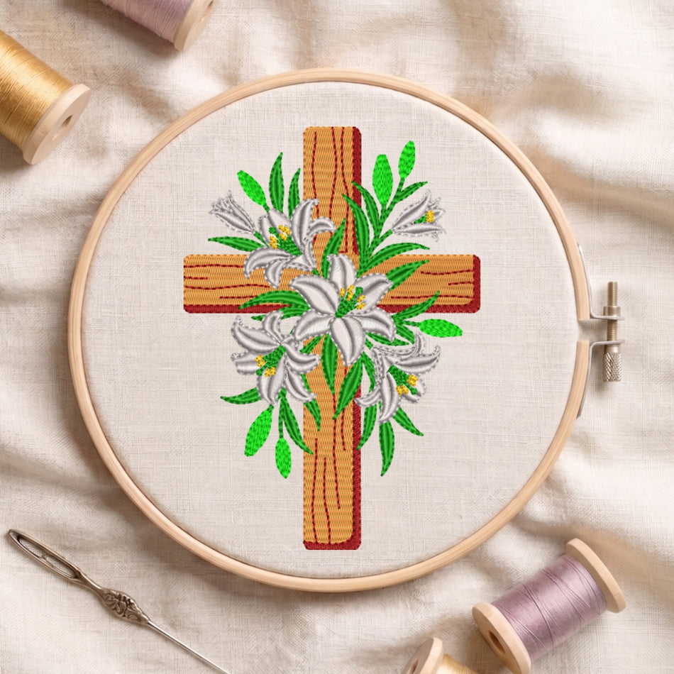 Floral Christian Cross Machine Embroidery Design ED 23