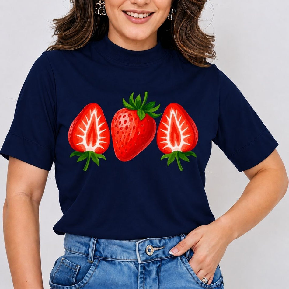 Person wearing a navy blue t-shirt with strawberry design on a plain background