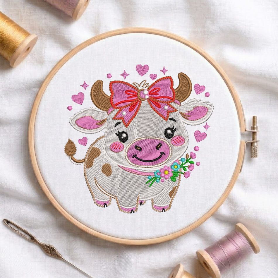 Embroidery hoop with a cow design featuring a pink bow and flowers on a white fabric background.
