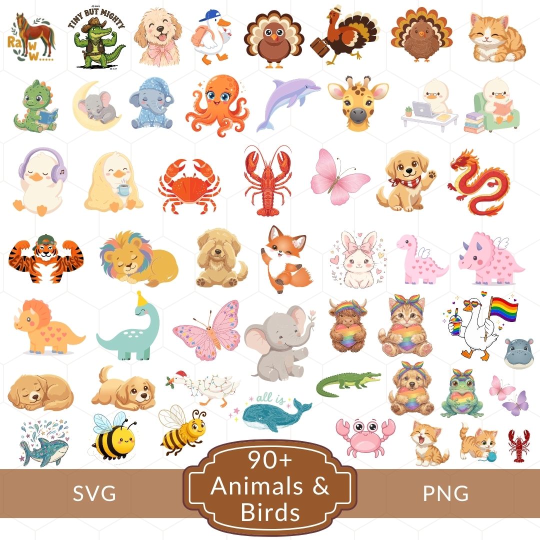 A collage of many cute animal clipart illustrations on a white background, with a brown banner at the bottom reading '90+ Animals & Birds SVG PNG'. The animals include birds, cats, dogs, turtles, octopus, lobster, butterfly, dinosaur, lion, tiger, rabbit, elephant, frog, bee, and others in pastel and bright colors.