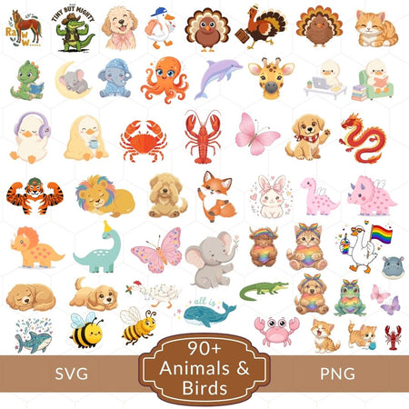 A collage of many cute animal clipart illustrations on a white background, with a brown banner at the bottom reading '90+ Animals & Birds SVG PNG'. The animals include birds, cats, dogs, turtles, octopus, lobster, butterfly, dinosaur, lion, tiger, rabbit, elephant, frog, bee, and others in pastel and bright colors.