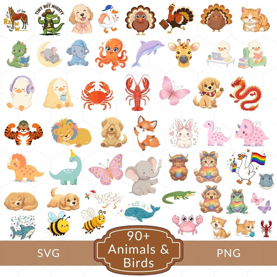 A collage of many cute animal clipart illustrations on a white background, with a brown banner at the bottom reading '90+ Animals & Birds SVG PNG'. The animals include birds, cats, dogs, turtles, octopus, lobster, butterfly, dinosaur, lion, tiger, rabbit, elephant, frog, bee, and others in pastel and bright colors.