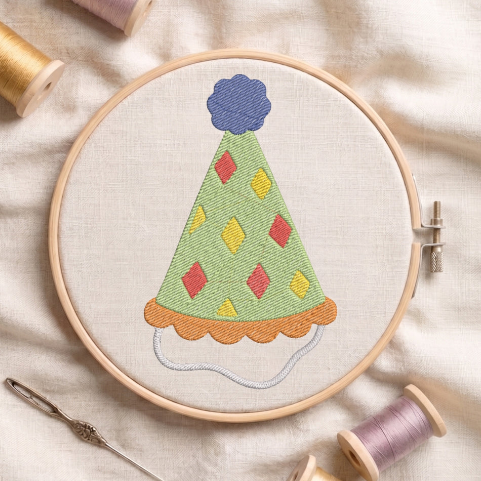 Green Birthday Party Hat Machine Embroidery Design - ED 10