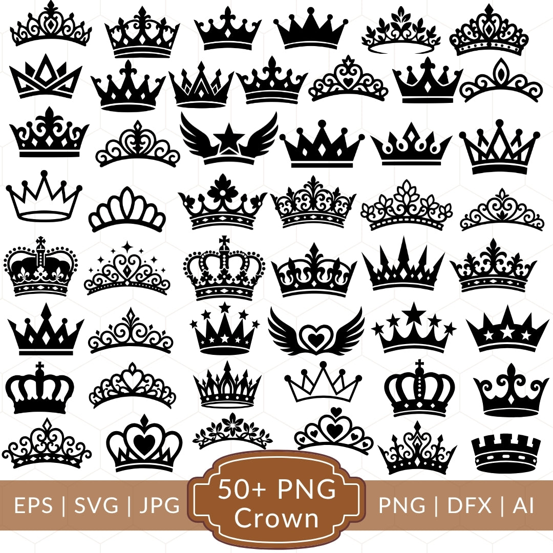 Collection of black crowns on a white background with text indicating file formats and quantity.