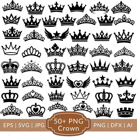 Collection of black crowns on a white background with text indicating file formats and quantity.