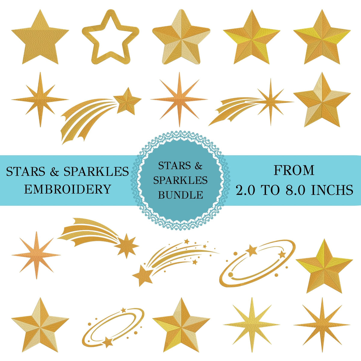 Stars and sparkles embroidery bundle overview showing various golden star, shooting star, and sparkle designs ranging from 2.0 to 8.0 inches