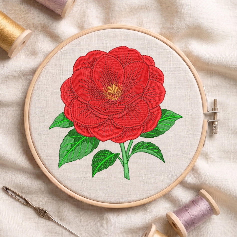 Elegant Red Camellia Flower Machine Embroidery Design - ED 83