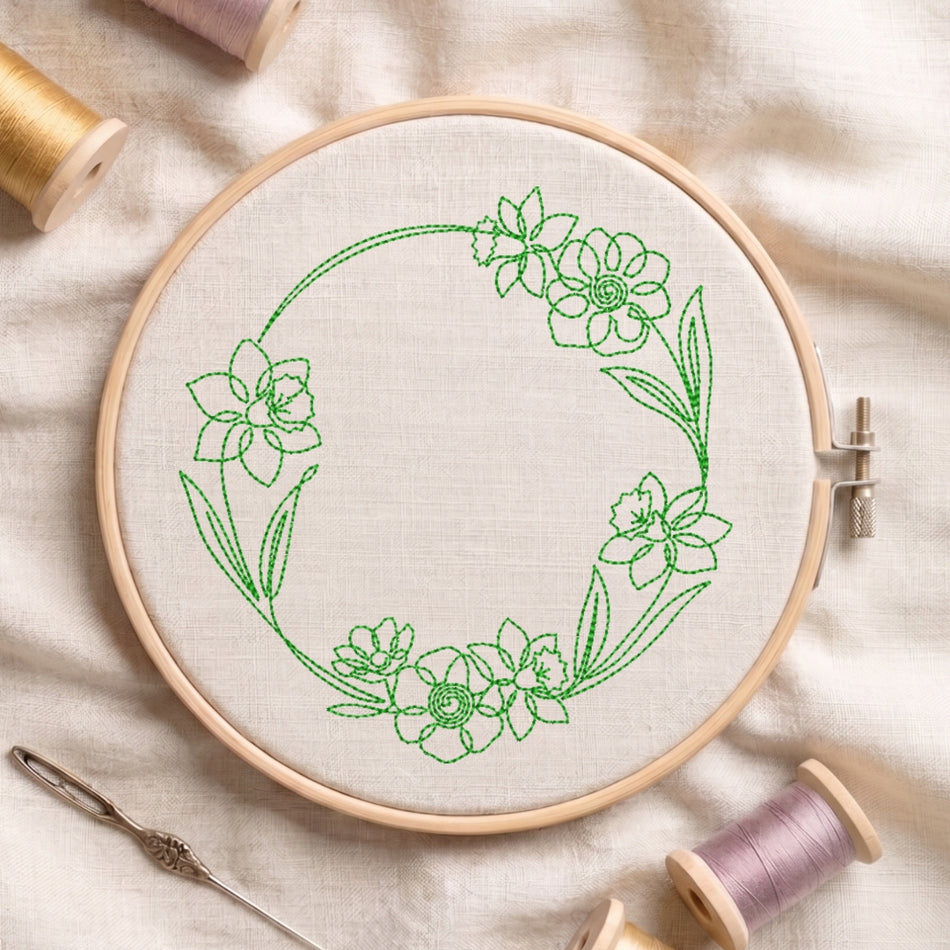 Minimalist Floral Daffodil Wreath Machine Embroidery Design ED 140