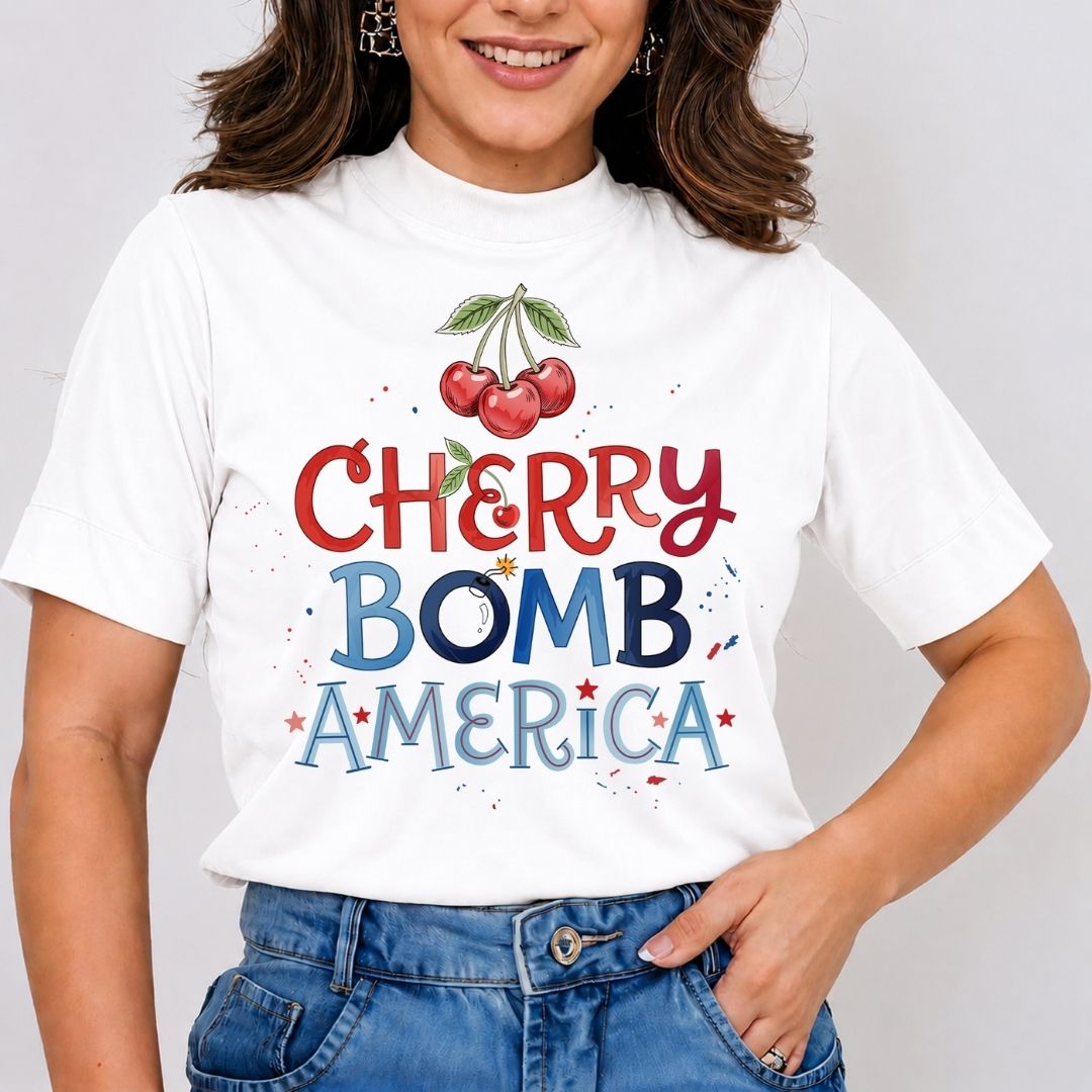 Person wearing a white t-shirt with 'Cherry Bomb America' design on a plain background