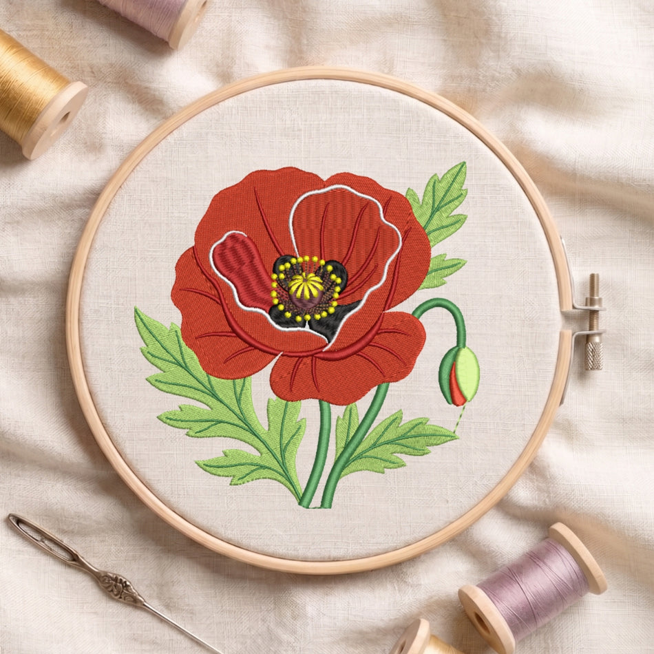 Elegant Red Poppy Flower Machine Embroidery Design - ED 77